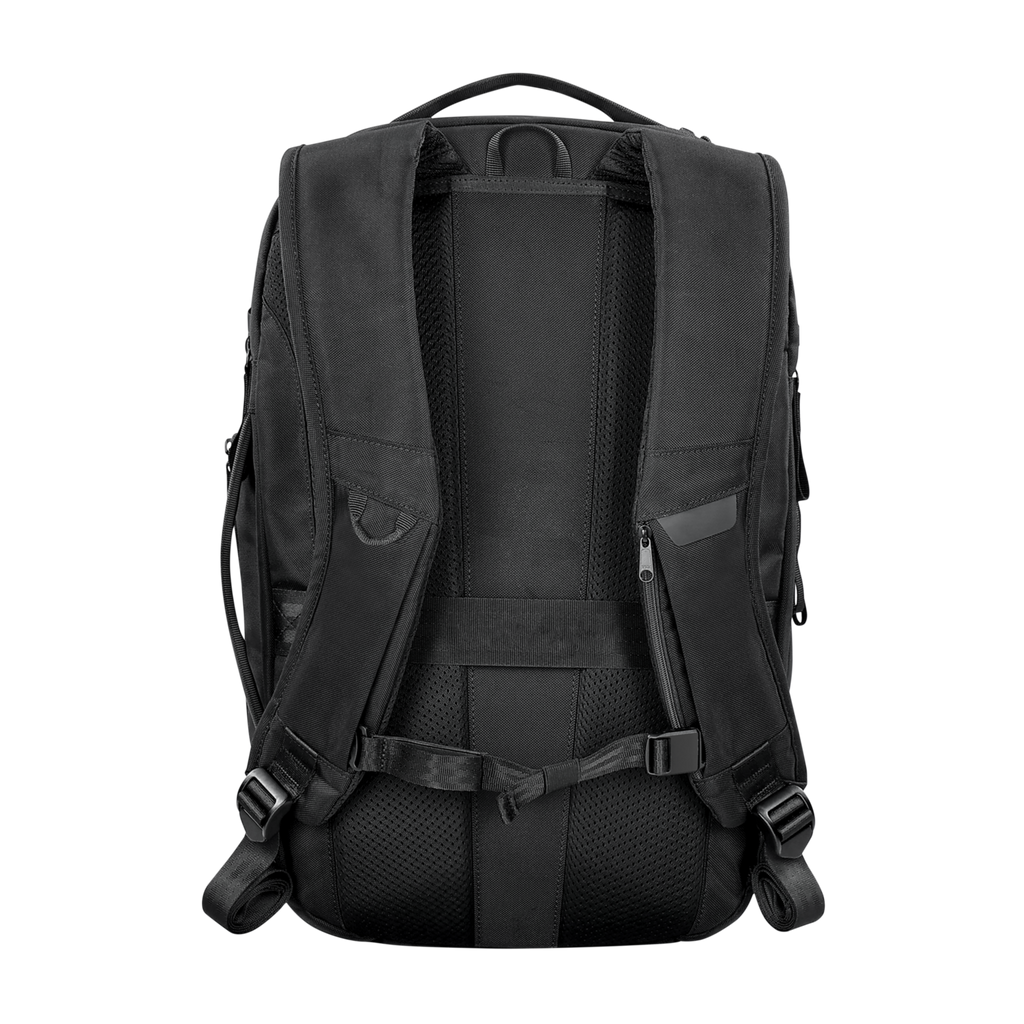 Black backpack shown from the back on a white background