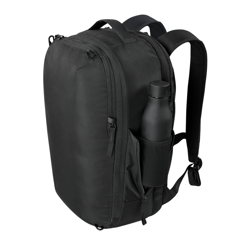 Black backpack with a water bottle inside on a white background