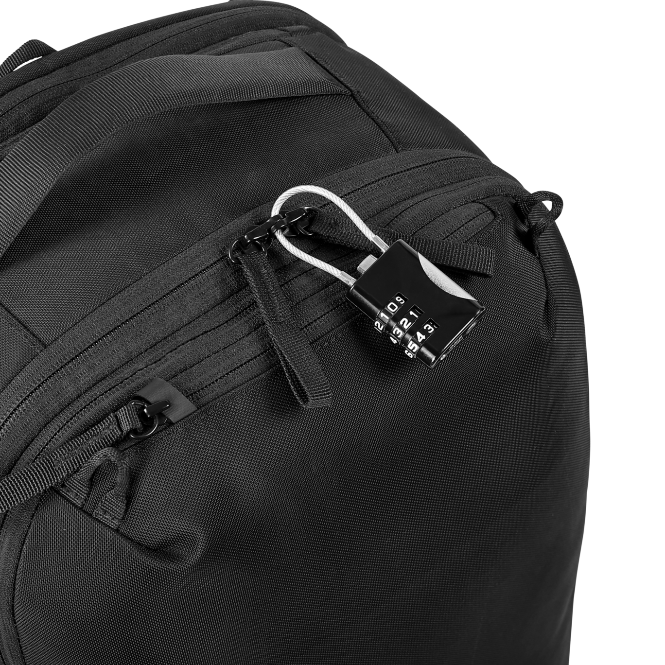 Black backpack with a combination lock on a clear background