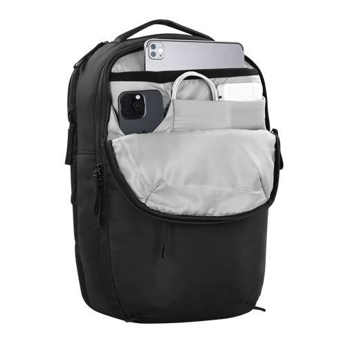 Black backpack with open front compartment showing electronic devices on a white background
