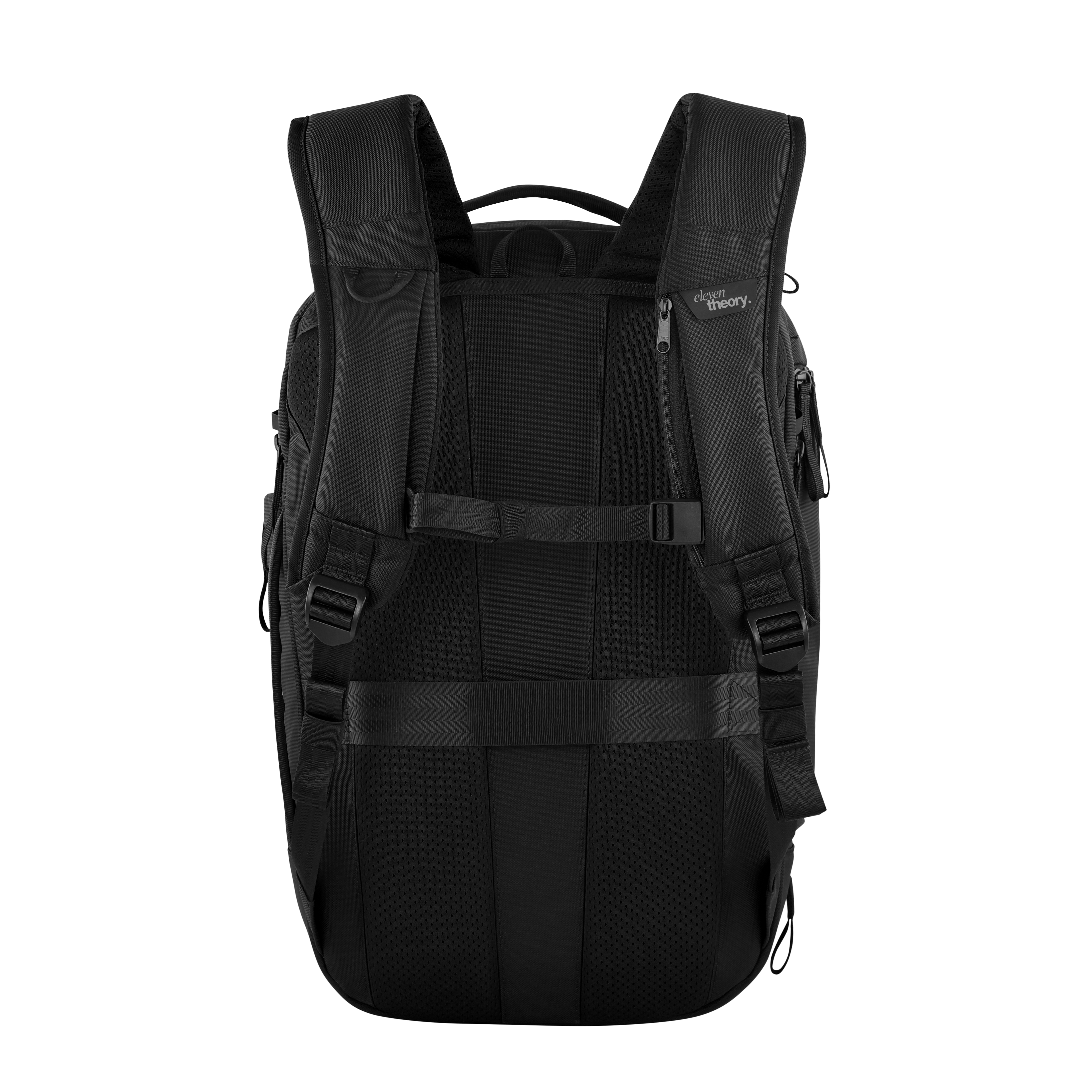 Black backpack with visible brand logo on a white background