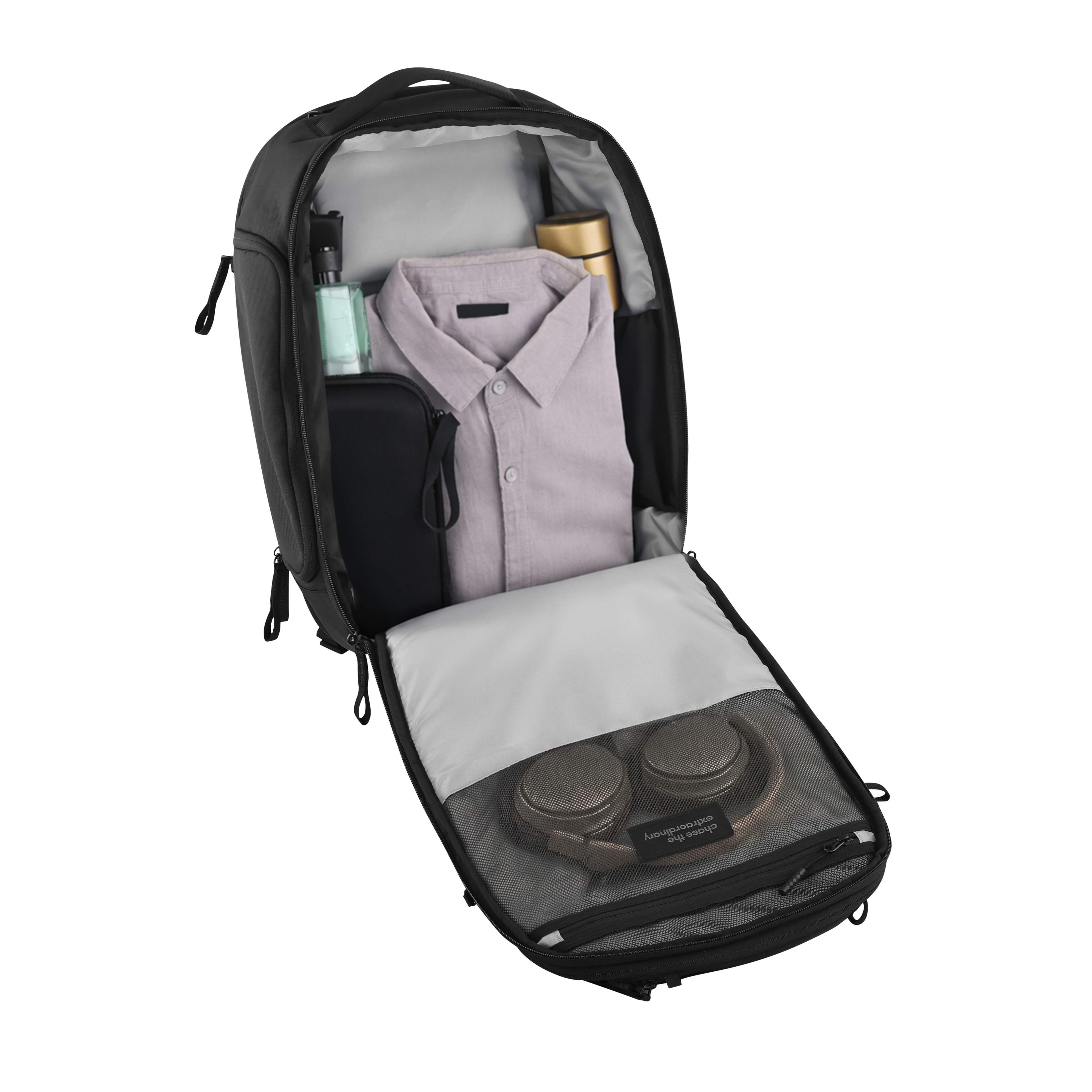 Black backpack with organized compartments on a white background