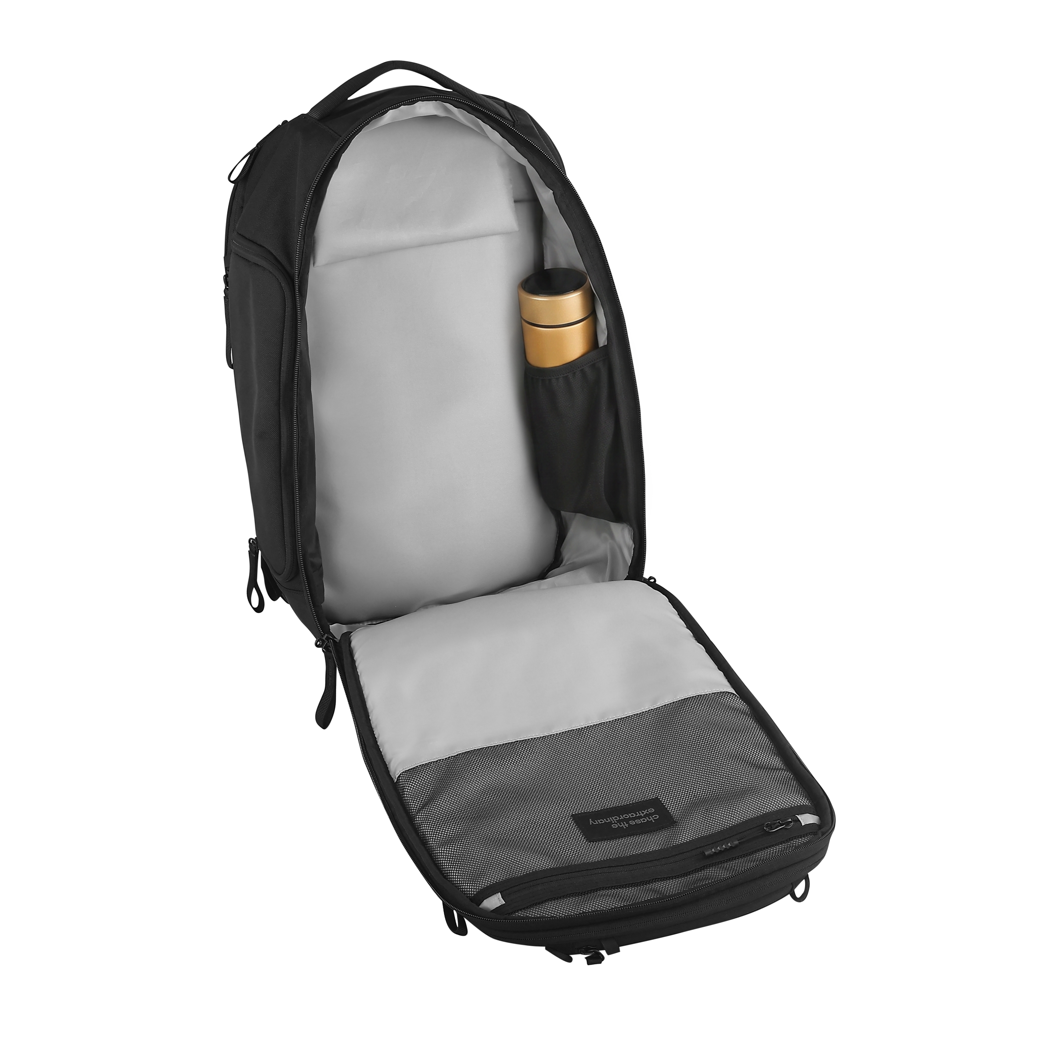 Black backpack with gray interior and a water bottle inside on a white background