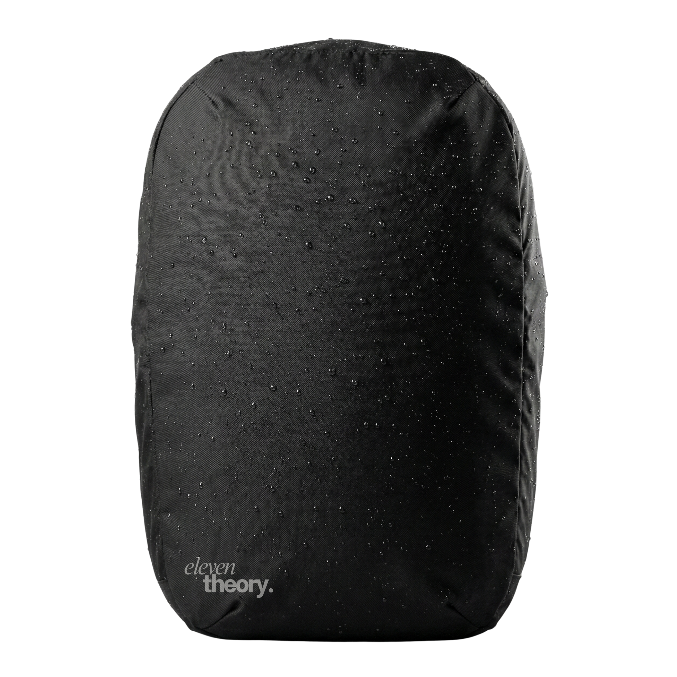 Black backpack with water droplets on a white background, featuring 'eleven theory' branding.